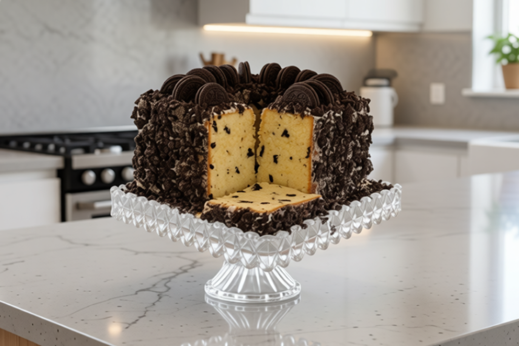 A picture of a mile high large oreo pound cake sitting on a kitchen counter
