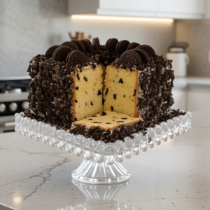 A picture of a mile high large oreo pound cake sitting on a kitchen counter
